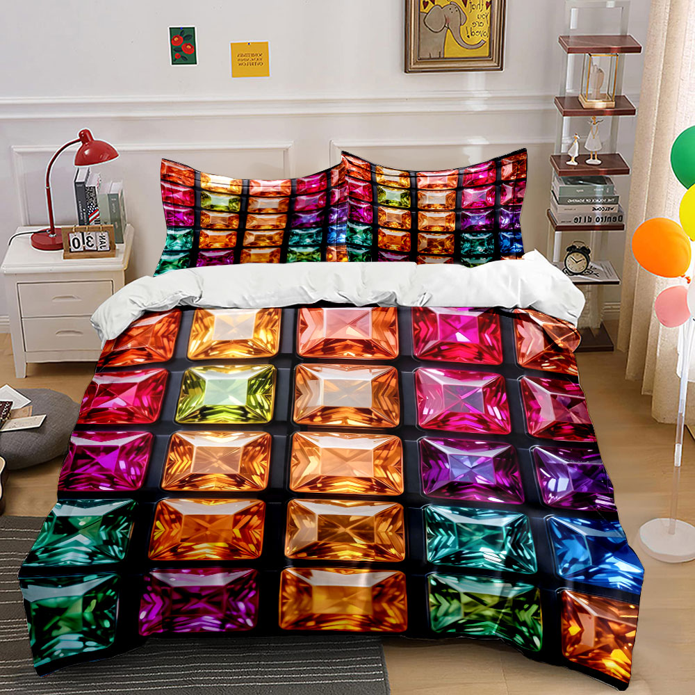 Duvet Cover Sets With Zipper - Colorful square gemstones neatly arranged Pattern