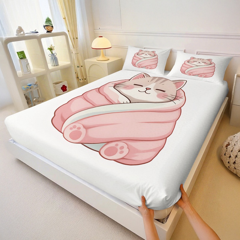 Cute Cat Print Fitted Sheet Se - Fitted Bed Sheets Deep Pocket review and price